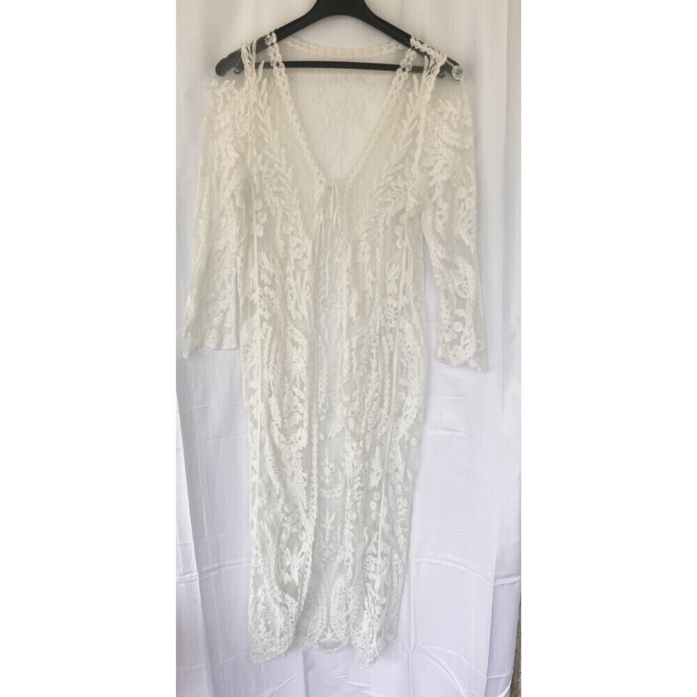Boho Kimono Cardigan Women’s Size Medium Sheer Cream Long Lace Duster Festival